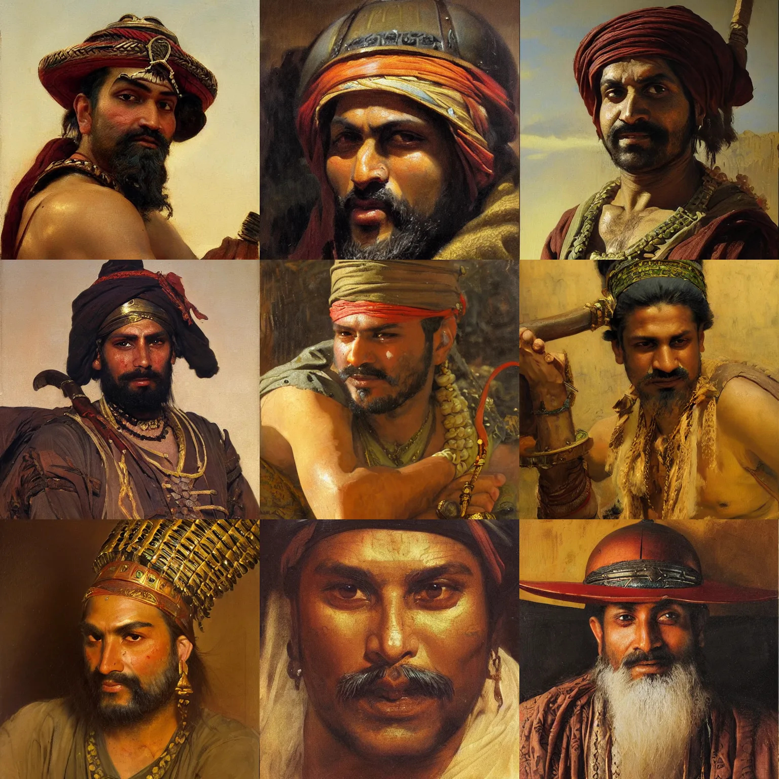 Prompt: orientalism painting of a confident pakistani bandit king face detail by theodore ralli and nasreddine dinet and anders zorn and edwin longsden long, bronze age, sword and sorcery, oil on canvas, masterful intricate artwork, excellent lighting, high detail 8 k