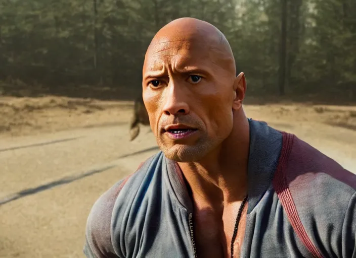 Image similar to film still of dwayne the rock johnson as eleven in the new stranger things movie, 4 k, highly detailed face, detailed eyes