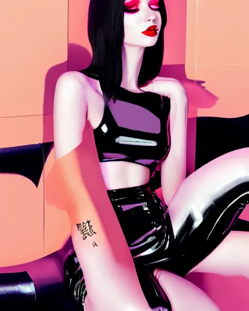 Image similar to a torso portrait of pale skin goth in shiny latex mini skirt and shiny latex tank top, very long curvy black hair explosion, red lips, pastel makeup, paint by ilya kuvshinov and ross tran and karol bak and stanley lau and anna dittmann and artgerm and xiaoguang sun and tian zi