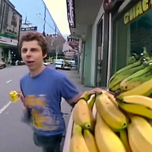 Image similar to cctv footage of Micheal Cera robbing a store with a banana