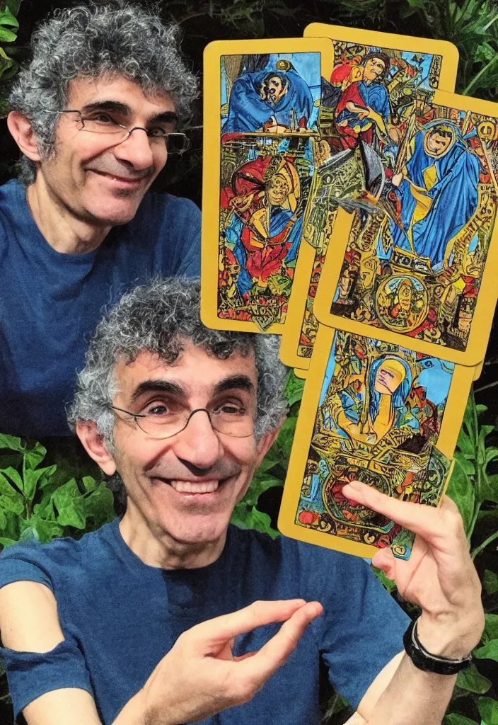 Image similar to Yoshua Bengio smiling on the Tarot card. Illustration.