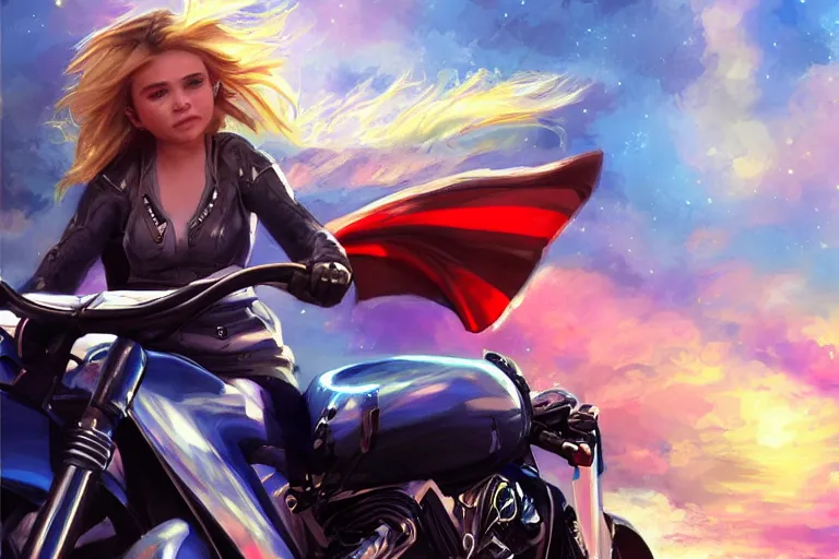 Image similar to chloe grace moretz is riding a motorbike, digital painting, artstation, the space background, concept art, by artgerm hyperdetailed trending on artstation trending on deviantart