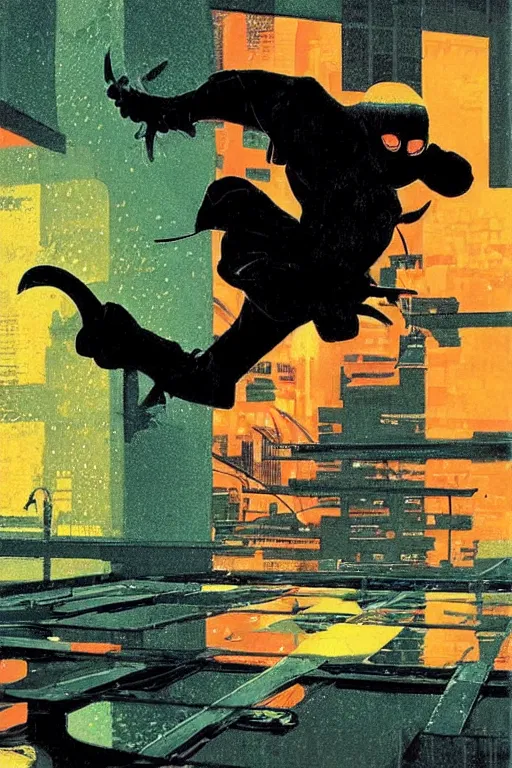 Prompt: a ninja jumping from the roof on a rainy night by syd mead, boneface, kevin eastman