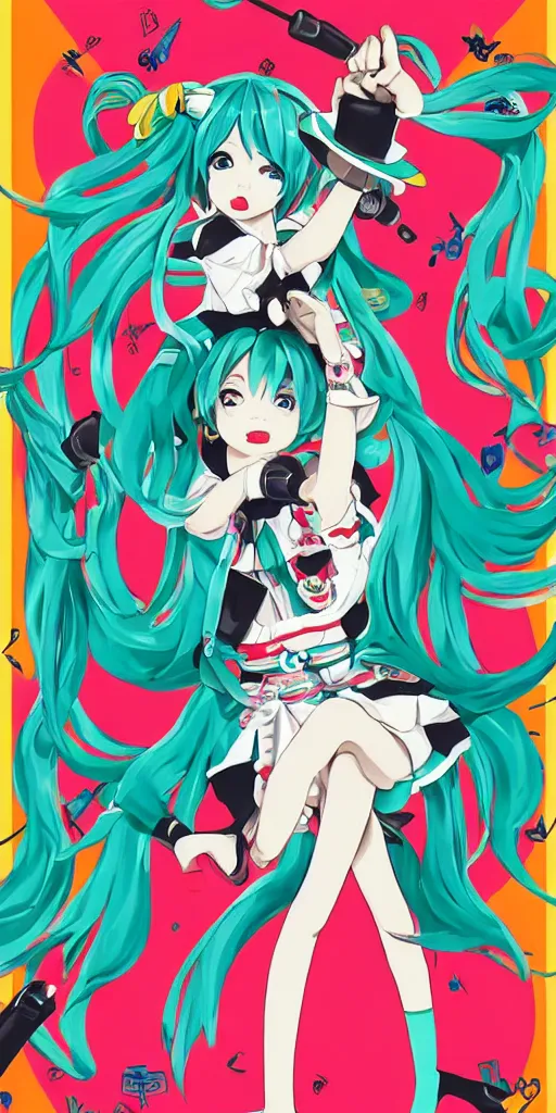 Image similar to Hatsune miku swing dancing with Gumi by Tristan Eaton. 1930s Musical.