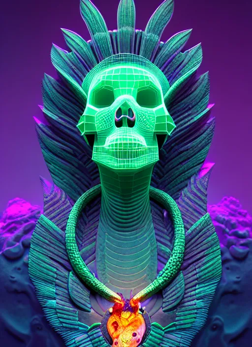 Image similar to 3 d goddess profile portrait, sigma 5 0 0 mm f / 5. beautiful intricate highly detailed quetzalcoatl skull and feathers. bioluminescent, plasma, lava, ice, water, wind, creature, thunderstorm! artwork by tooth wu and wlop and beeple and greg rutkowski, 8 k trending on artstation,