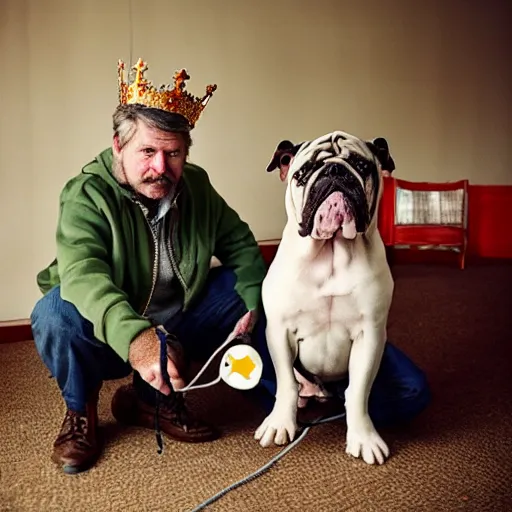 Prompt: Buddy the graying middle aged homeless man holding an xbox controller next to a crowned royalty english bulldog, photo by Wes Anderson