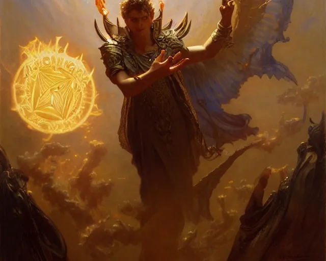 Image similar to attractive demonic male deity, casting magic, summoning handsome lucifer morning star. highly detailed painting by gaston bussiere, craig mullins, j. c. leyendecker 8 k