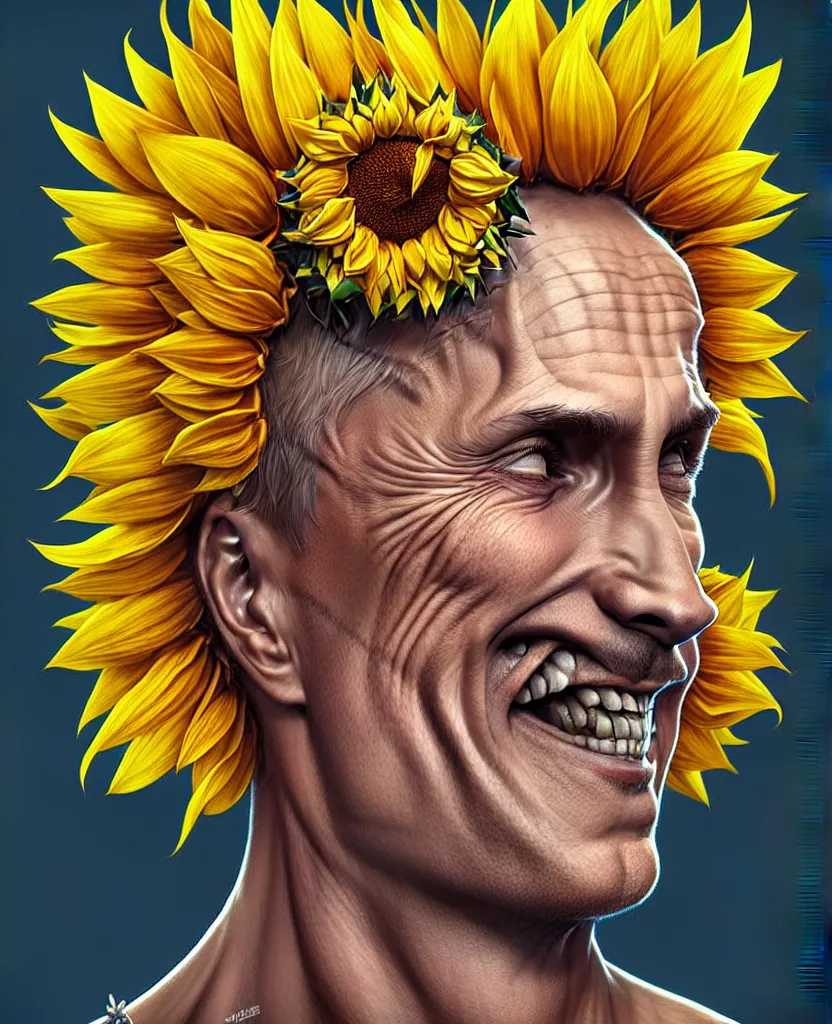 Image similar to digital art, centered full body of Putin smiling king, Sunflower crown, ,intricate, veins, by James Jean and by artgerm , by ross tran ultradetailed, charachter design, concept art, trending on artstation,