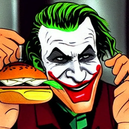 Prompt: the Joker eating burger while extremely sad and crying tears, 📷