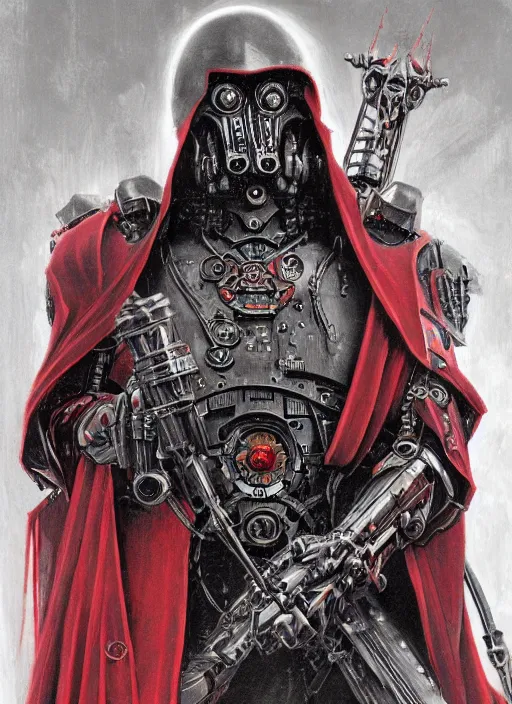Prompt: portrait of adeptus mechanicus in red hood and robe from Warhammer 40000. Highly detailed, artstation, illustration by and John Blanche and zdislav beksinski and wayne barlowe