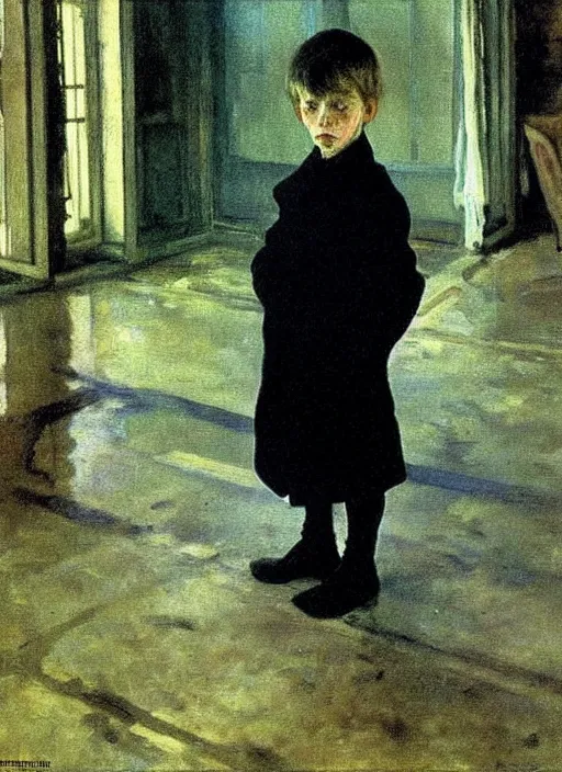 Prompt: detailed painting of a boy in a hall by Valentin Serov, Mikhail Vrubel, Nesterov, Adrian Ghenie. masterpiece. still from a movie by Terrence Malick and Tarkovsky