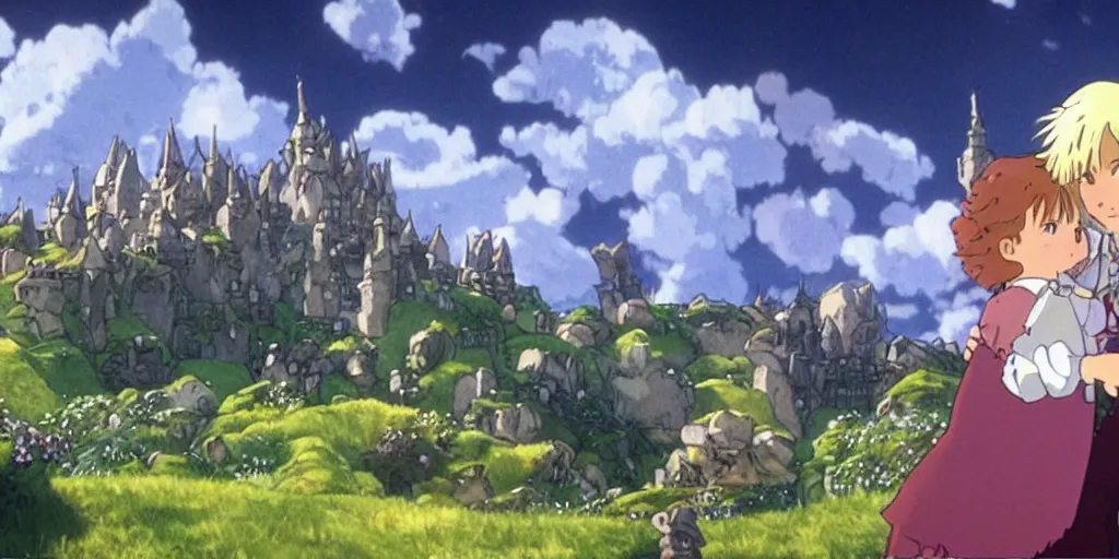 Image similar to a film still from howl's moving castle!!!!! of hobbiton, light bloom, studio ghibli!!!!!