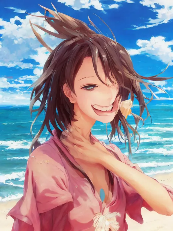 Image similar to An anime portrait of a smiling woman on the beach near the ocean, by Stanley Artgerm Lau, WLOP, Rossdraws, James Jean, Andrei Riabovitchev, Marc Simonetti, and Sakimi chan