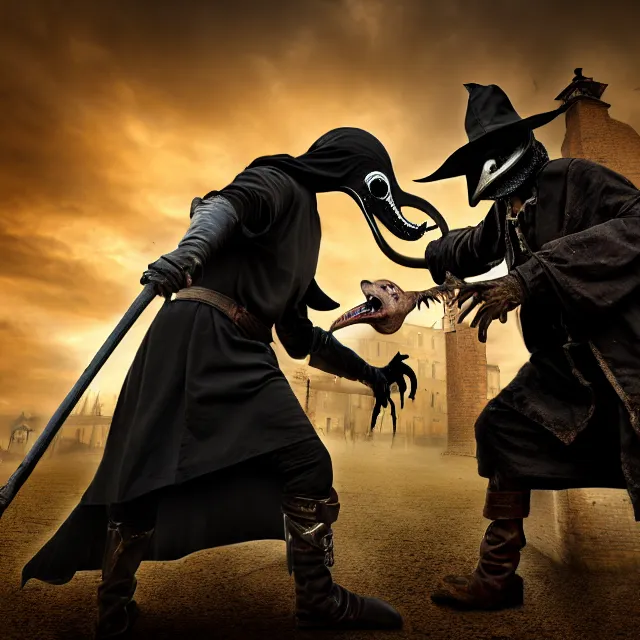 Prompt: plague doctor warrior confronting a giant plague rat, highly detailed, 8 k, hdr, smooth, sharp focus, high resolution, award - winning photo