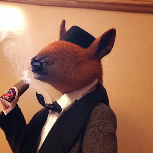 Prompt: smoking cigar, a man wearing a suit capybara head wearing a hat (smoking cigar)