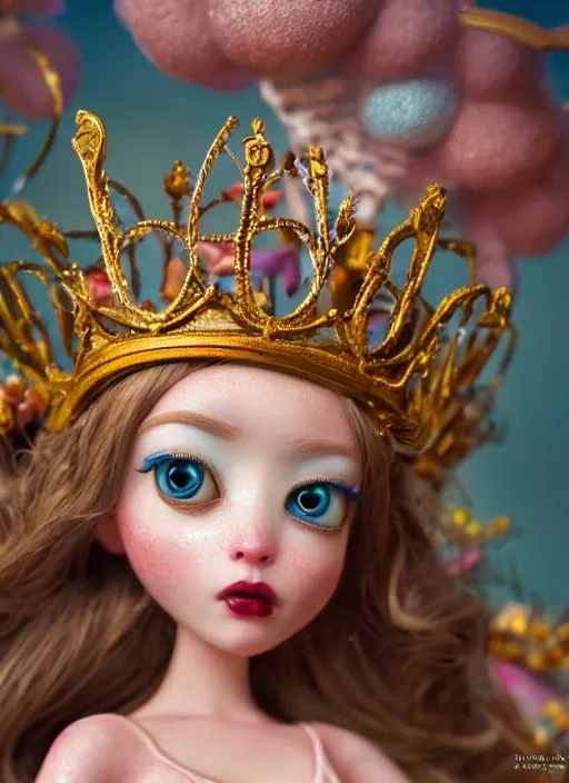 Image similar to closeup face profile portrait of a tin toy fairytale princess wearing a crown eating cakes, bikini, depth of field, zeiss lens, fashion photoshoot by nicoletta ceccoli, mark ryden, lostfish, breathtaking, detailed and intricate environment, 8 k resolution, extremely detailed, beautiful, establishing shot, artistic, hyperrealistic, octane render