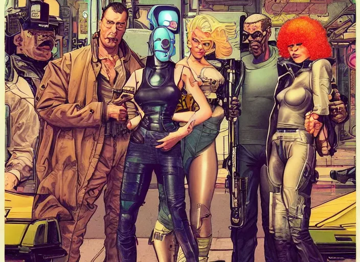 Image similar to cyberpunk heist crew. portrait by stonehouse and mœbius and will eisner and gil elvgren and pixar. character design. realistic proportions. dystopian. cyberpunk 2 0 7 7, apex, blade runner 2 0 4 9 concept art. cel shading. attractive face. thick lines.