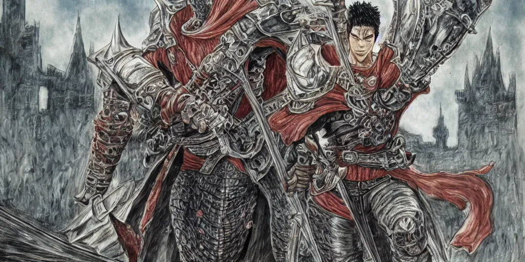 Prompt: guts with one arm, greatsword, detailed face, high detail, castle background, colourful, by kentaro miura