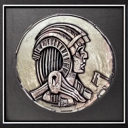 Prompt: ancient ruins in the style of h.r. Giger synthwave pressed penny art, stargate, full moon