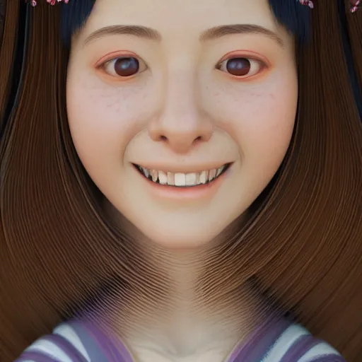 Prompt: centered portrait of a smiling 3D beautiful Japanese girl in kimono, hyperdetailed, digital painting, trending on Artstation, cel-shading style, CG society, hyperdetailed, digital painting, hypermaximalist, golden ratio, volumetric, octane render, weta digital, micro details, 3d sculpture