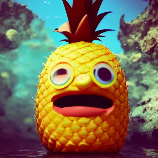 Prompt: a single delicious pineapple with two big eyes and a big grin floating underwater, digital art, concept art, trending on DeviantArt, trending on Artstation, high quality, 8K HDR, octane render, unreal engine 5, path tracing, dramatic lighting, cinematic, highly detailed, medium shot