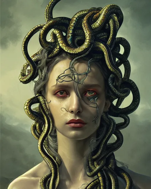 Prompt: beautiful insanely detailed color portrait of a dark and mysterious Medusa with all snake heads looking toward camera, in the style of Greg Rutkowski, 35mm, cinematic shot, photorealistic, hard light, depth of field