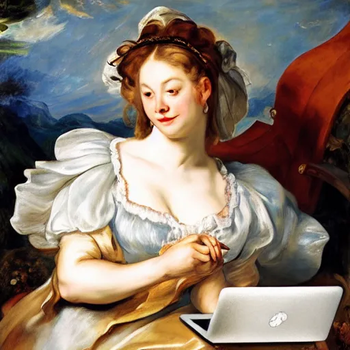 Image similar to heavenly summer sharp land sphere scallop well dressed lady working on her laptop drinking a starbucks coffee auslese, by peter paul rubens and eugene delacroix and karol bak, hyperrealism, digital illustration, fauvist