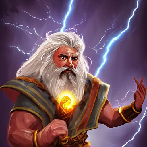 Prompt: Zeus with white beard and hair, lightning bolt in Zeus's hand, hearthstone art style, epic fantasy style art, fantasy epic digital art, epic fantasy card game art