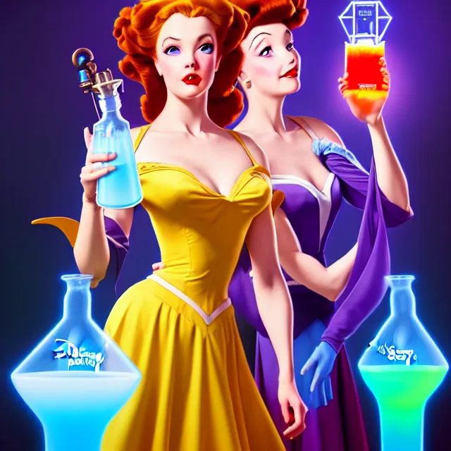 Prompt: key visual of an attractive sorceress holding two flasks full of glowing liquid, mad scientist's lab background, by gil elvgren and stanley lau, disney princess style, epic, 4 k, hdr, cinematic