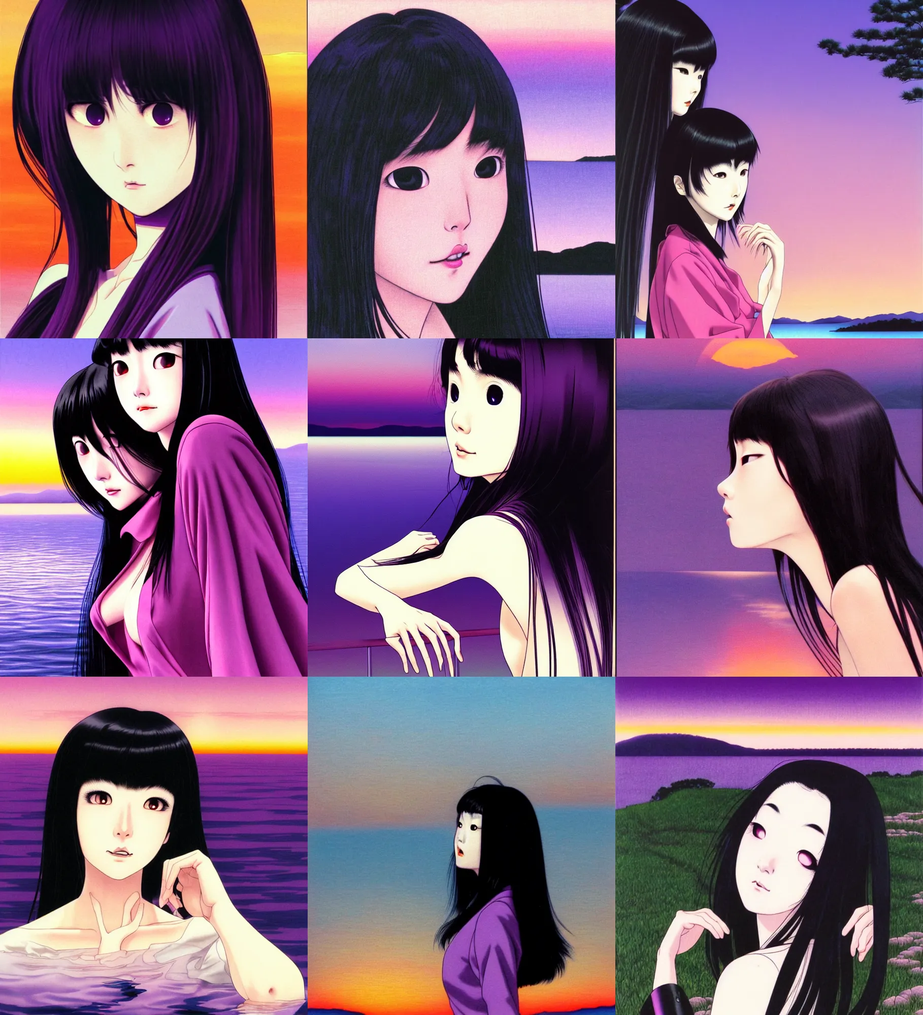 Prompt: beautiful tomie kawakami from junji ito with long sleek black hair, staring at a pristine lake during a purple sunset, over the shoulder shot, portrait photo, photorealistic, by ohrai noriyoshi