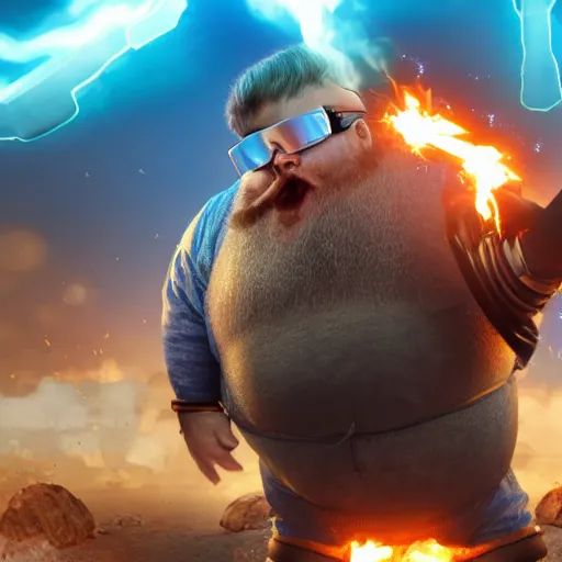 Image similar to highly detailed octane render of a short fat ugly man with a giant beard wearing goggles and blue armour is being blown up in an explosion