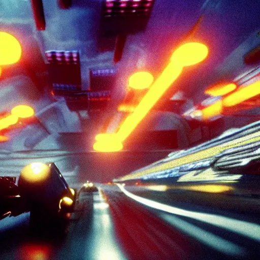 Image similar to still of an F-Zero race, with several hovercrafts racing at high speed, in the movie Blade Runner, cinematic lighting, 4k