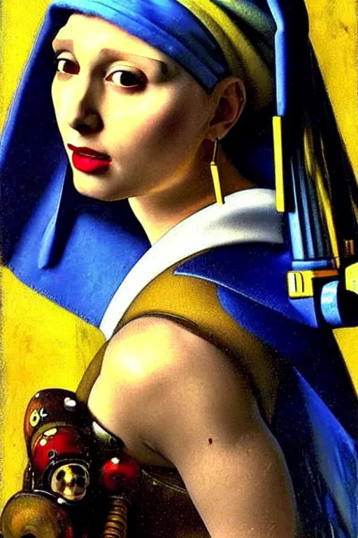 Image similar to full character portrait max mad cyberpunk warhammer 4 0 k, medic sapper not the girl with the pearl earring character design, painting by vermeer, frank frazetta, mucha klimt