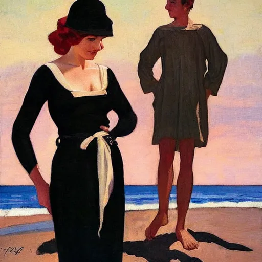 Prompt: woman on the beach, black dress, leyendecker style