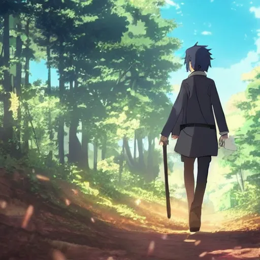 Prompt: Kino from Kino's Journey walking through the forest, golden hour, sunbeams, anime