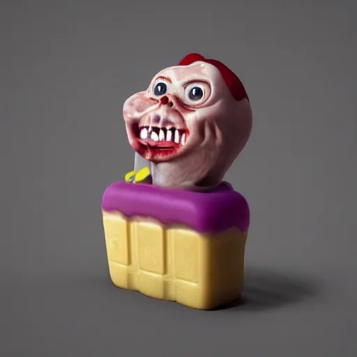 Image similar to ice cream popsicle in the shape of screaming chucky doll, octane render