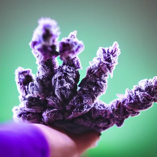 Image similar to closeup of hand holding purple frosty dense marijuana buds, cinematic, 4 k