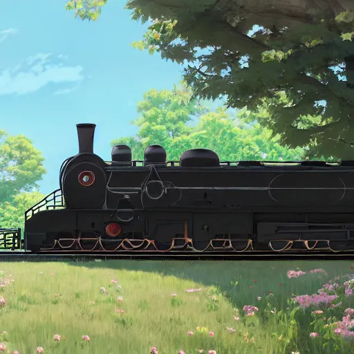 Image similar to concept art painting of a historic transverse view of a steam train, the train carries a cherry tree in flower, realistic, detailed, cel shaded, in the style of makoto shinkai and greg rutkowski and james gurney