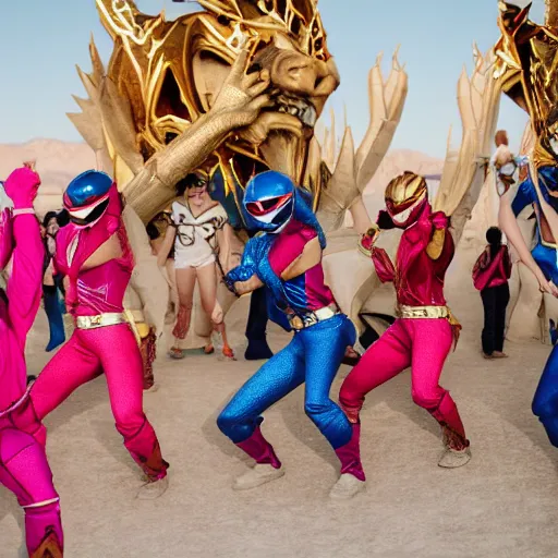 Prompt: Power Rangers dancing at Burning Man, rave, dessert, local heroes, high fashion, street photography, summer, golden hour,