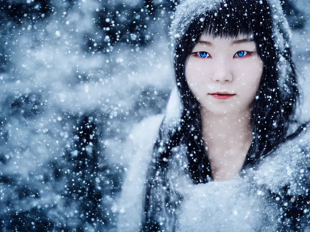 Prompt: the piercing blue eyed stare of yuki onna, glittering skin, snowstorm, blizzard, mountain snow, canon eos r 6, bokeh, outline glow, asymmetric unnatural beauty, gentle smile, blue skin, centered, rule of thirds