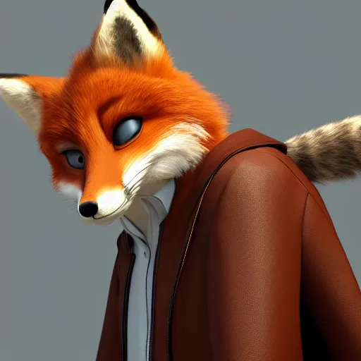 Image similar to 3 d render, portrait, anthropomorphic fox, male, in a brown leather maxi jacket, in the style of zootopia, closeup