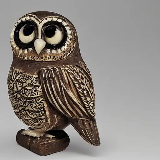 Prompt: ornate small owl idol made of bone with intricate carvings and photorealistic owl eyes. museum catalog photograph on dark background with exhibit label