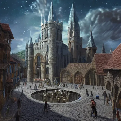 Prompt: A gem meteorite in the middle the plaza of a medieval city, beautiful, concept art, sharp focus, highly detailed, intricate, still, photograph, fantasy, medieval, midday, day, sunny, shimmering, realistic, 8k, award winning, trending on artstation, Dungeons and dragons, tabletop, in the style of Wizards of the coast