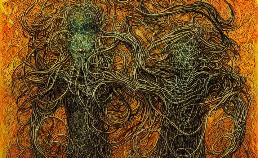 Prompt: psychedelic shaman covered in tentacles in the style of peter gric