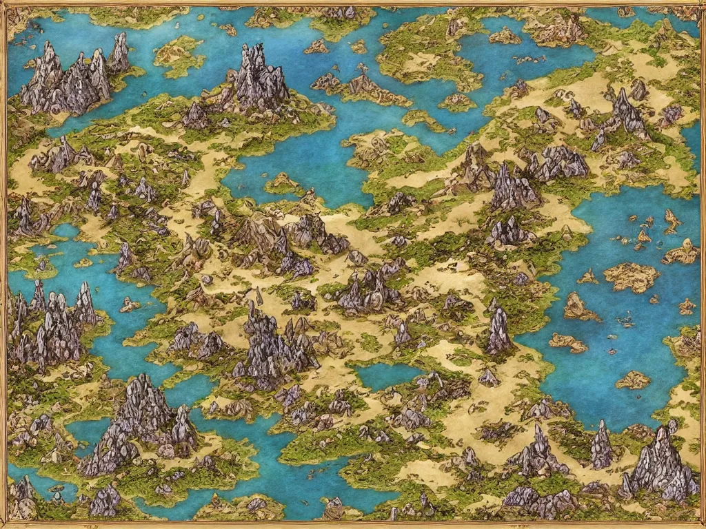 Image similar to an isometric fantasy map of an island, the land of Odrua, uncluttered, bordered by ocean, continent with mountains lakes hills and cities, by brian froud by jrr tolkien in the dungeons and dragons and disney styles