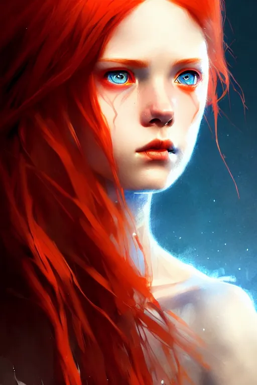 Prompt: a young tall, slender girl, with fiery red hair and bright blue eyes, hyperrealistic face, beautiful eyes, fantasy art, in the style of greg rutkowski, intricate, hyperdetalized, smooth