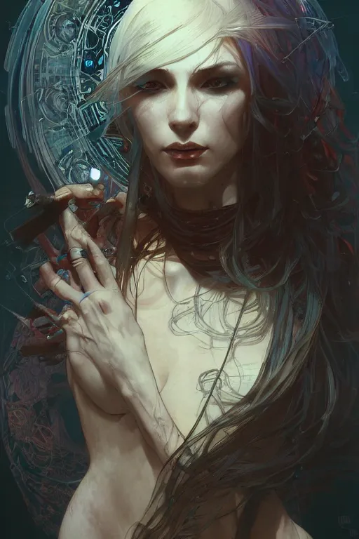 Image similar to Portrait of beautiful pale cyberpunk gothic maiden, master drawing, intricate, elegant, highly detailed, digital painting, artstation, concept art, smooth, sharp focus, illustration, art alphonse mucha and james gurney and craig mullins and wlop