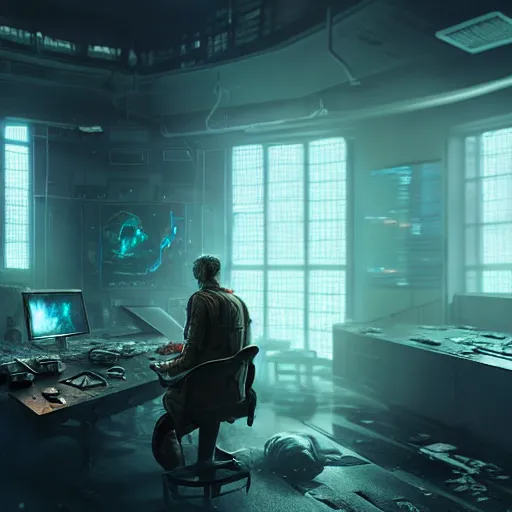 Prompt: frail and mutated human in a cyberpunk control room, ultra realistic, concept art, intricate details, eerie, highly detailed, photorealistic, octane render, 8k, unreal engine, art by Andrew Andreev