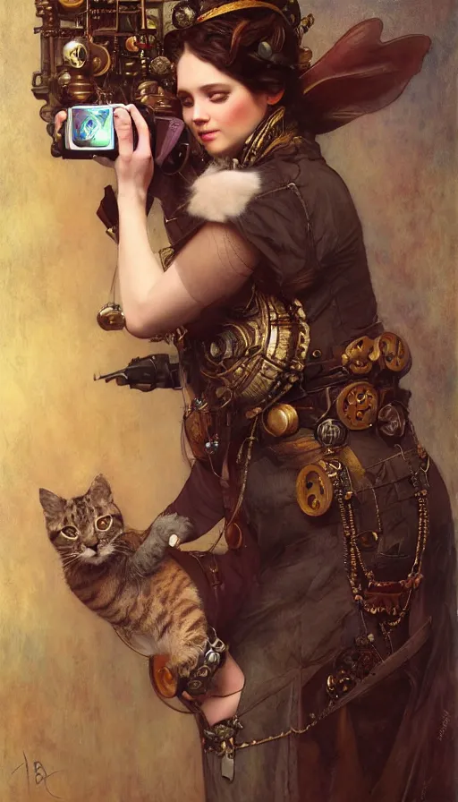 Image similar to hyper realistic photographer taking a picture of a cat, magical, steampunk, painted by tom bagshaw, mucha, gaston bussiere, craig mullins, j. c. leyendecker 8 k