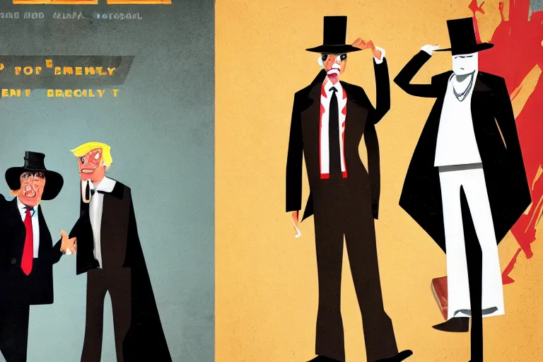 Image similar to 2 d poster illlustration donald trump and donald trump wearing trenchcoats and black floppy spy hats, stacks of boxes everywhere and a safe broken open for the movie spy vs spy